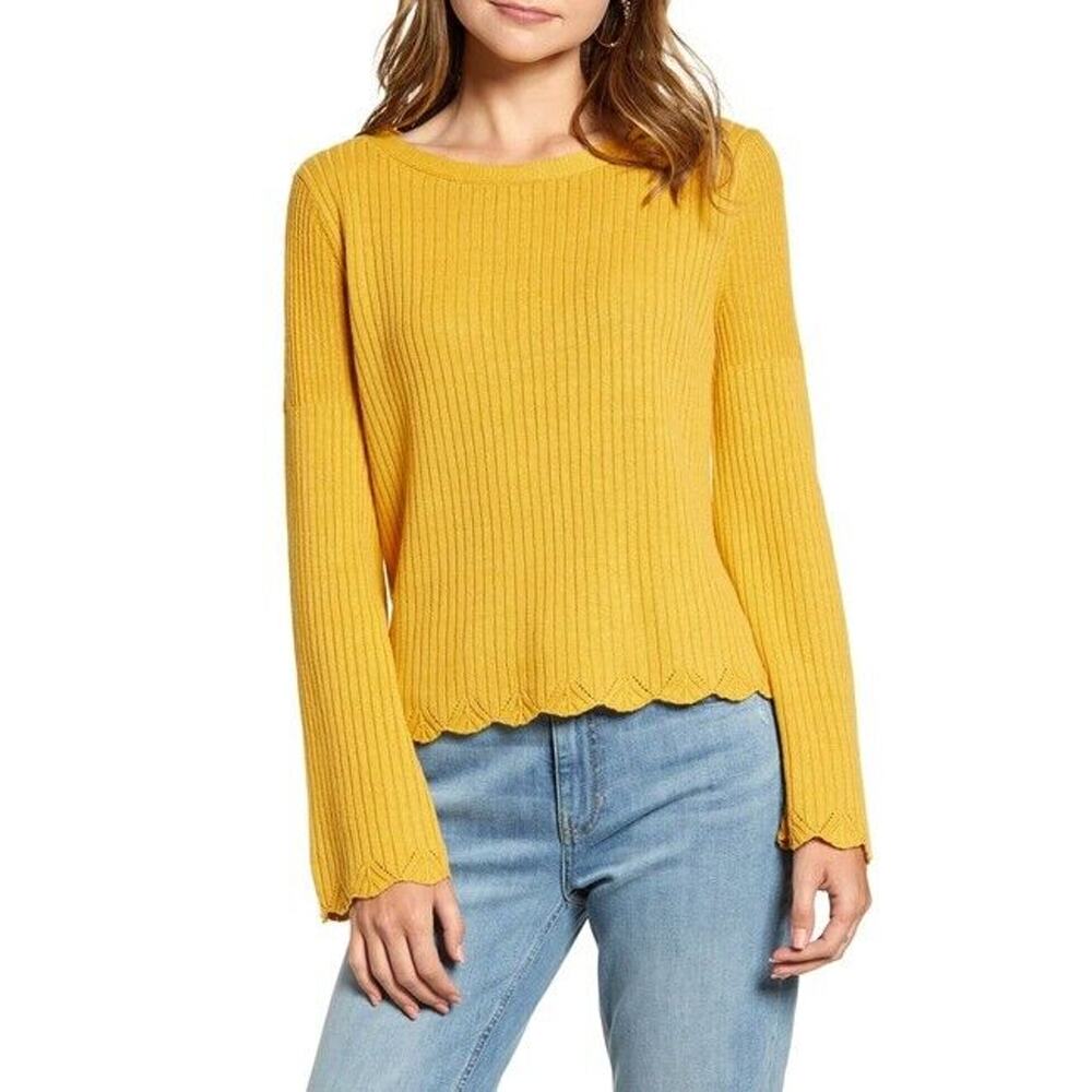 Rachel Parcell Size Large Linen Blend Yellow Bell Sleeve Sweater Blogger Fave